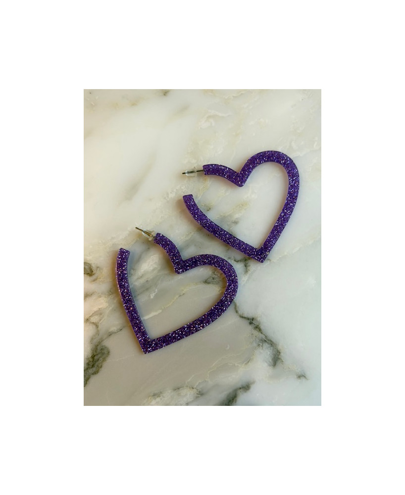 Boucles d'oreilles Coeurs mauve glitter