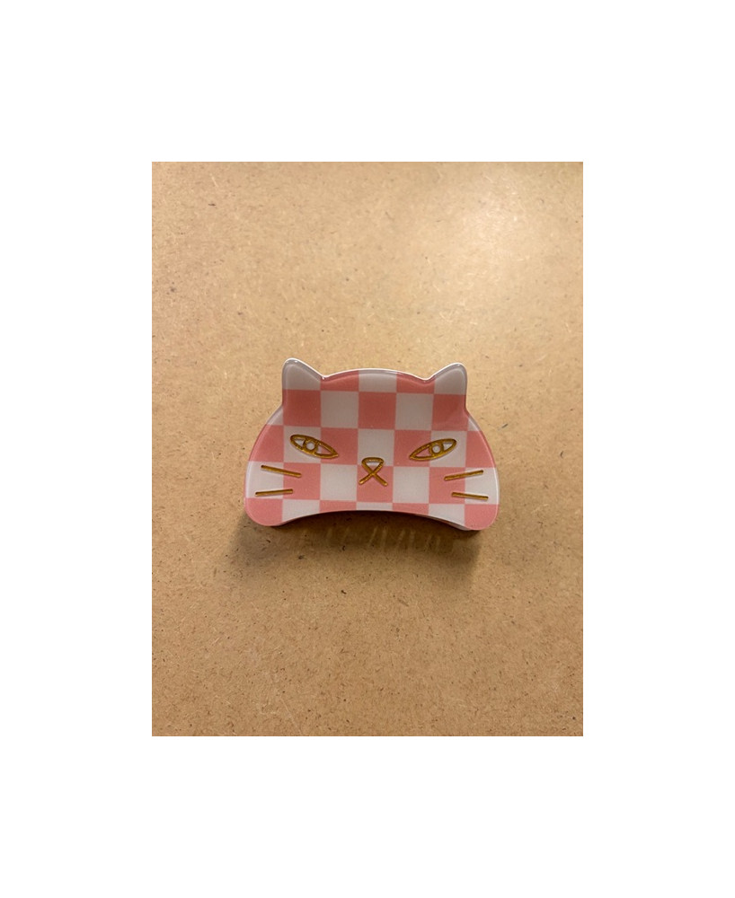 Pince à cheveux Chat damier rose et blanc