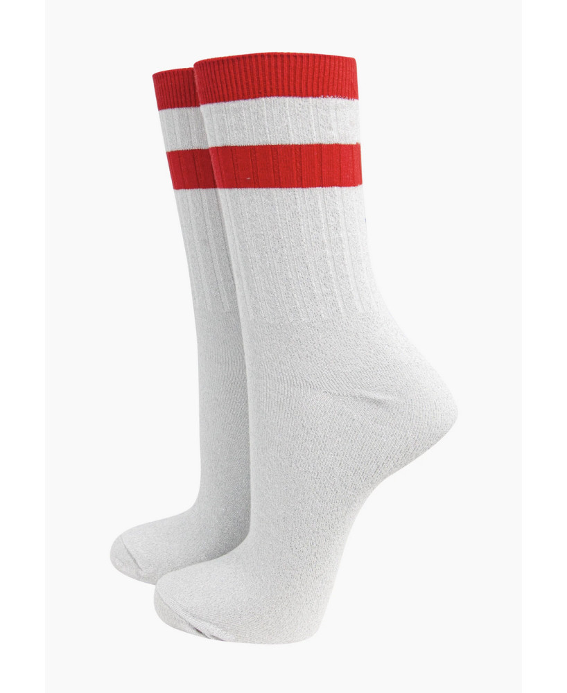 Chaussettes glitter blanches lignes rouges