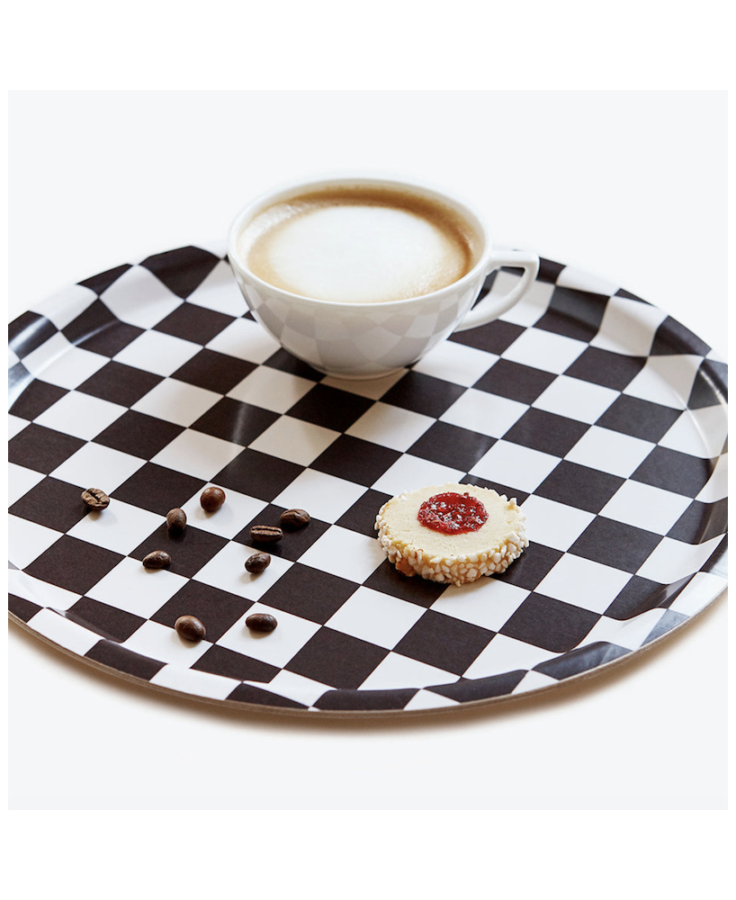 Plateau rond damier noir et blanc