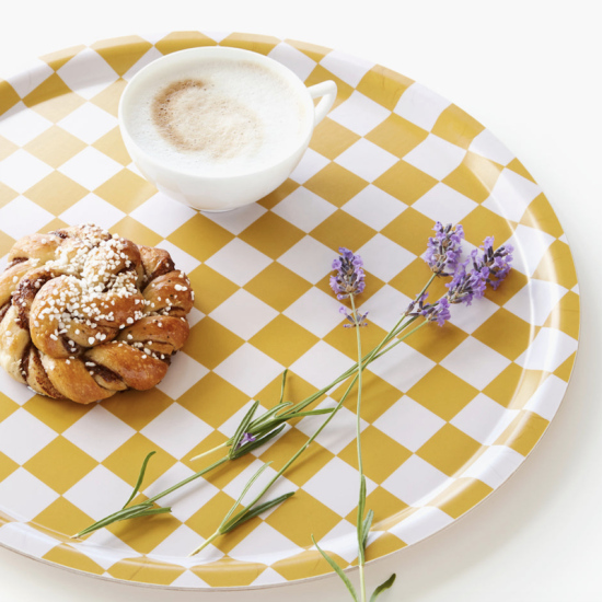 Plateau rond damier moutarde