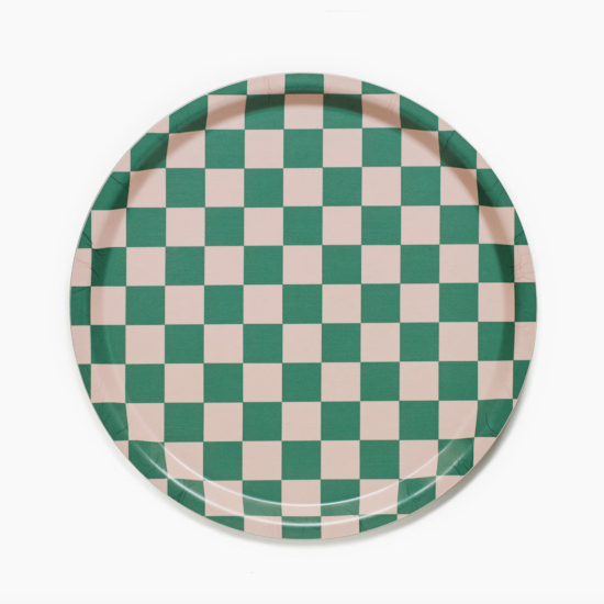 Plateau rond damier vert/pêche