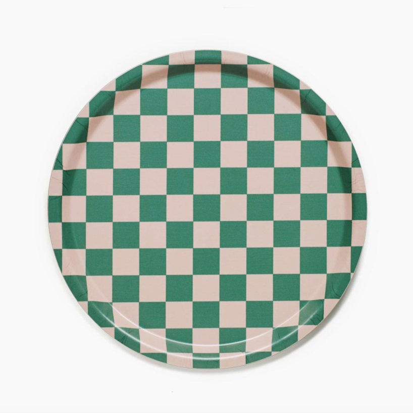 Plateau rond damier vert/pêche