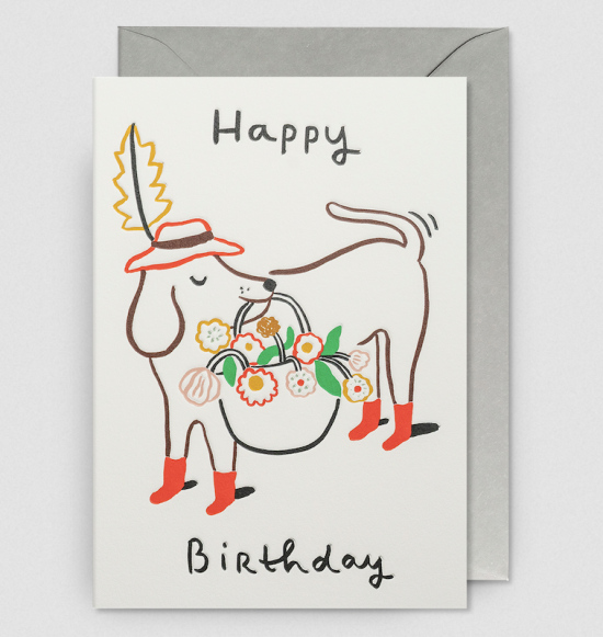 Carte Happy birthday Chien panier fleurs