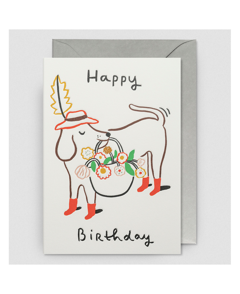 Carte Happy birthday Chien panier fleurs