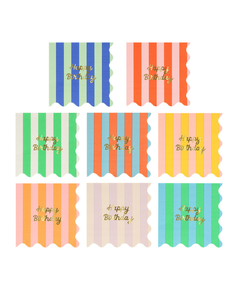 Petites serviettes lignées Happy Birthday