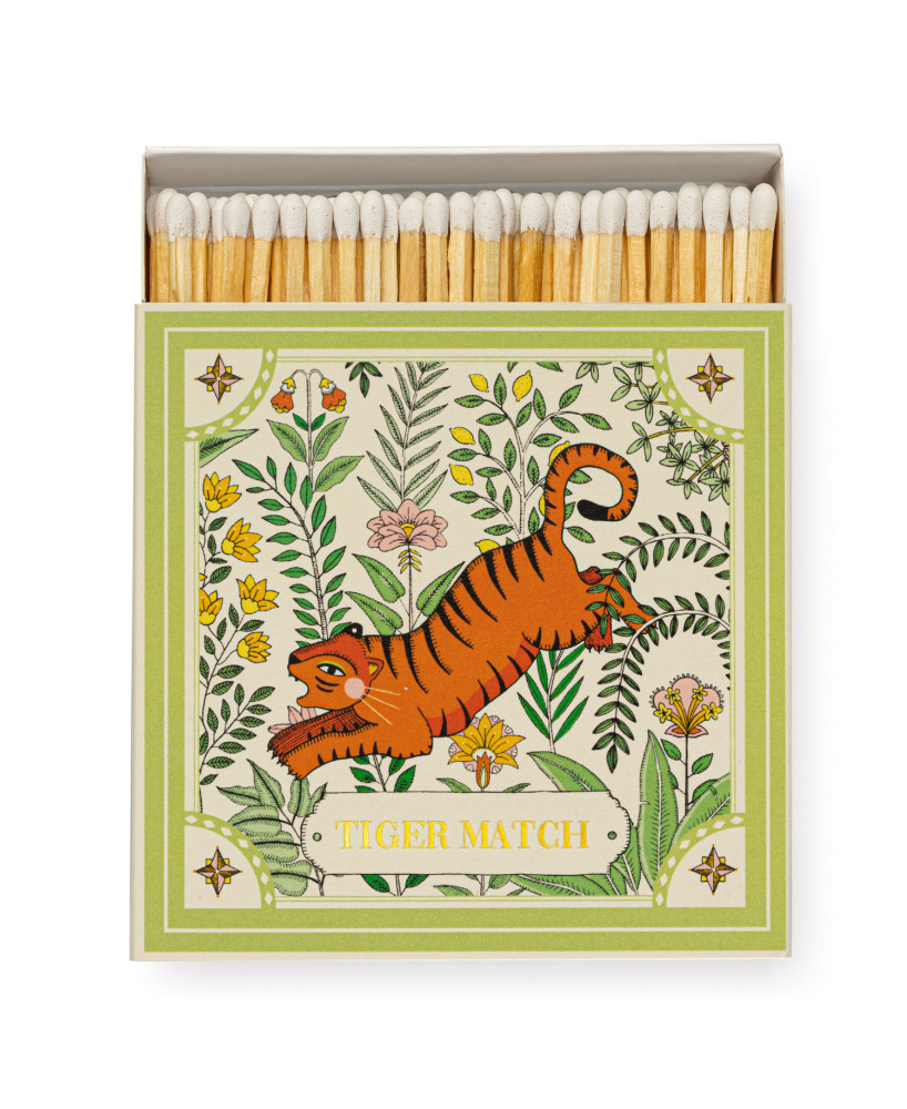 Boîte carrée d'allumettes Tigre et fleurs